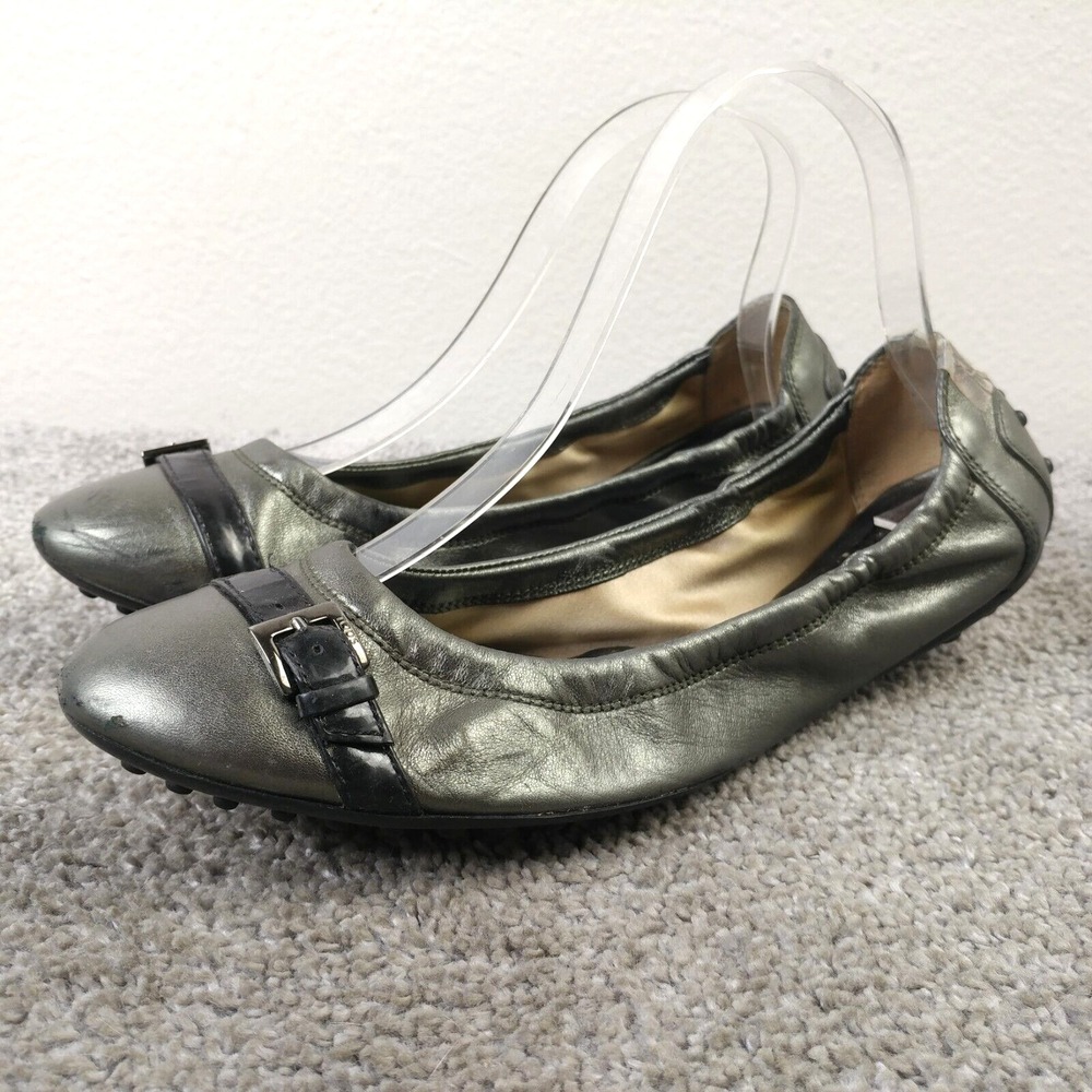 Tods Dee Ballet Flats Womens 38.5 EU Metallic Silver Leather Buckle Slip On